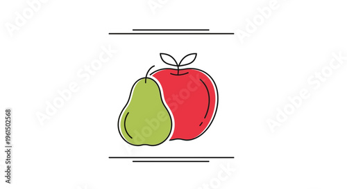 Vibrant cartoon style illustration of a fresh red apple and green pear together in harmony
