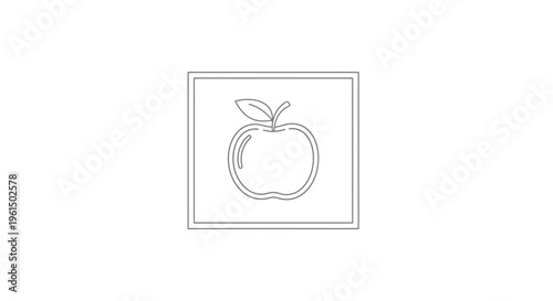 Minimalist outline illustration of a fresh apple fruit with a leaf inside a simple square frame,