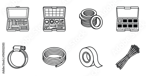 Automotive repair kit icons set including hardware fasteners tape hose clamps and electrical fuses