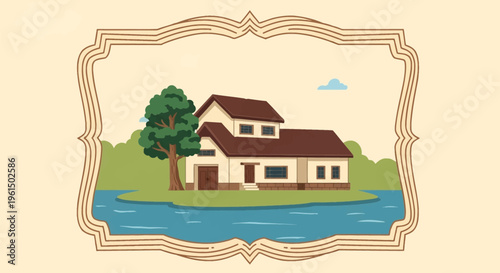 Flat vector illustration of a two-story residential house with a brown gabled roof and white walls on a green island by a blue river, enclosed in a decorative vintage frame.