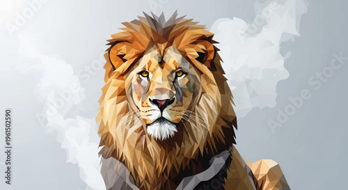 Low poly vector illustration of a male lion face with a thick mane, featuring geometric triangular shapes in gold and brown tones, centered on a light gray abstract background.