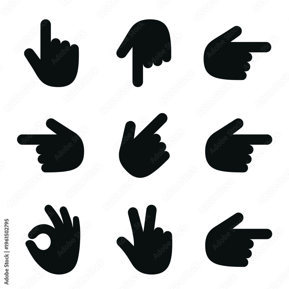 Fototapeta premium Collection of Various Hand Gesture Icons in Black Silhouette Style.