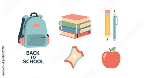 Back to school concept with backpack, books, pencil, pen, apple and pencil sharpener, education and learning supplies illustration