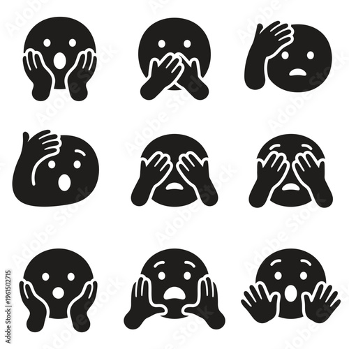 Collection of Nine Expressive Hand Gesture Emojis Showing Surprise and Shock.