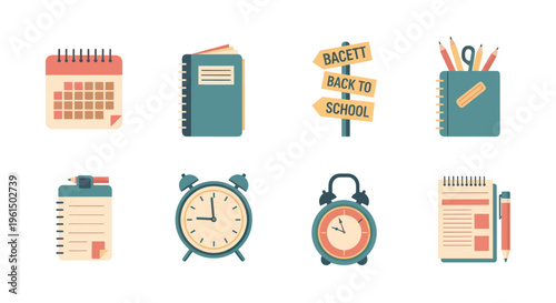 Back to school icons set with calendar, notebook, pencils, alarm clock, and directional signs for education and planning design