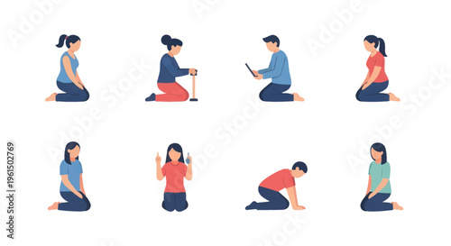 Cartoon illustration of diverse people in different kneeling positions, casual clothing, various activities, flat style vector design, useful for communication and lifestyle content
