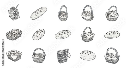 Hand drawn vintage bread and bakery basket sketches illustration, perfect for baking, culinary, and food related designs