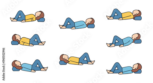 Illustration of woman lying on back with bent knees using pillow for relaxation and posture support, ideal for health and wellness content