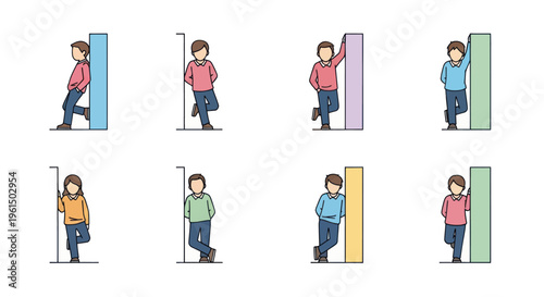 People leaning against walls in casual poses with diverse clothing colors, minimalistic isolated illustrations for lifestyle and social concept usage