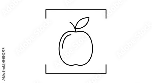 Minimalist black outline drawing of a fresh apple with a leaf inside a subtle frame icon