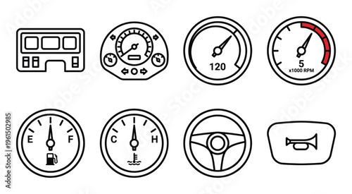 Car dashboard instruments and steering wheel vector set isolated on transparent background. Vehicle