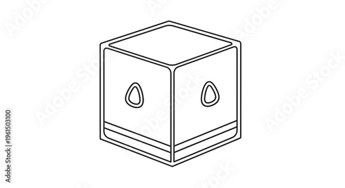 Stylized geometric block drawing in monochrome outline depicting intriguing abstract forms and