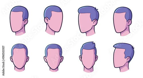 Set of eight faceless male avatars with different blue hairstyles in cartoon style, perfect for profile icons, games, and character design