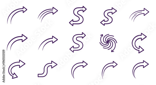 Collection of stylized arrows and swirling s shapes in various orientations