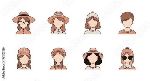 Set of faceless female and male avatars with various hats and hairstyles, minimalist avatar icons for profile or social media use