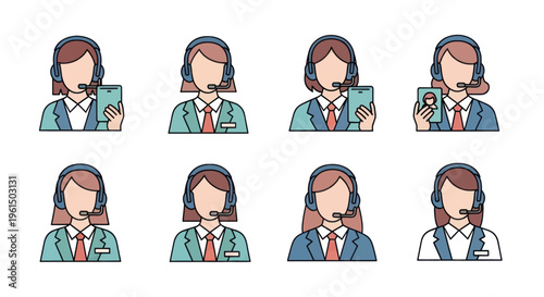 Set of female customer service representative icons with headsets in professional attire, ideal for business, support, and communication designs