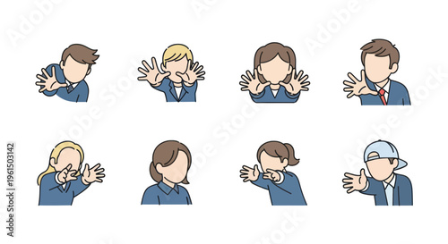 Business people and casual individuals showing stop and warning gestures with hands isolated on white background, communication concept