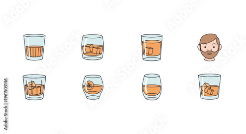 Cartoon illustration of whiskey glasses with ice and orange slice, and a bearded man icon, perfect for beverage or lifestyle design projects