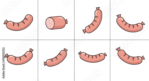Cartoon sausage illustrations set with whole and sliced sausage pieces, perfect for food and cooking designs