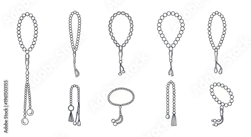 Set of hand-drawn prayer beads collection with tassels and different shaped beads for spiritual and religious design projects