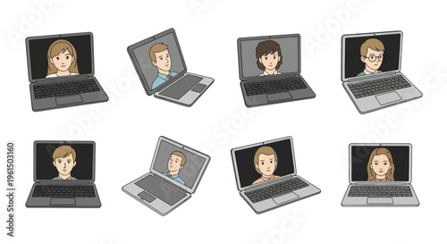 Set of laptop screens showing diverse people on video calls with cartoon-style avatars for remote communication and virtual meetings