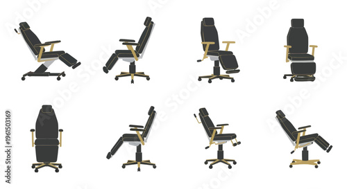Set of modern black ergonomic office chairs with adjustable footrests and armrests shown from multiple angles, ideal for workplace or home office design