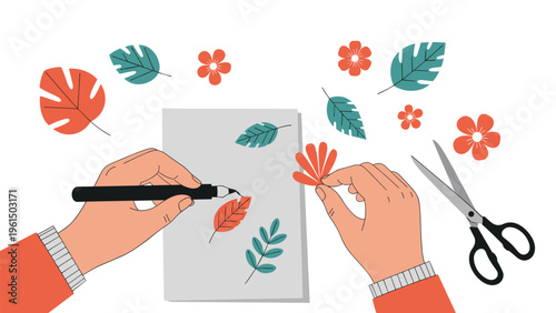Creative hands cutting and drawing colorful paper leaves and flowers during a manual craft hobby activity at home or school.