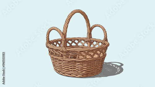 Traditional empty wicker basket with multiple handles for carrying fruits or picnic items isolated on a light blue background.