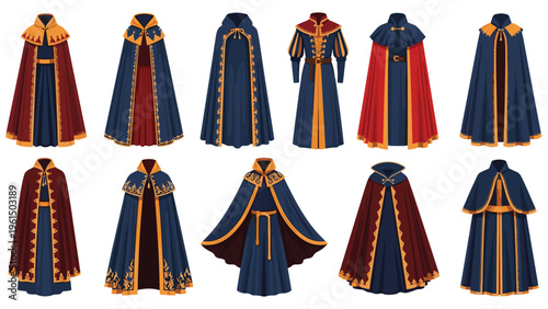 Large set of medieval fantasy cloaks and robes in various colors and designs for characters in games or historical illustrations.