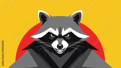 Intense portrait of a raccoon face with a red sun background designed as a modern sports mascot or stylized graphic illustration.