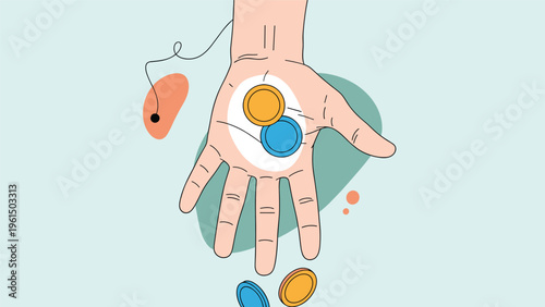 Hand dropping several colorful coins into an open palm against a light blue background with abstract circles, symbolizing giving or savings.