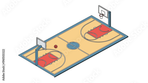 High angle isometric view of a professional basketball court with hoops, ball, and markings, showing the complete layout of the sports arena.