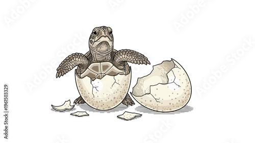 Fascinating illustration of a baby sea turtle hatching from its speckled egg on a plain white background with scattered shell fragments.
