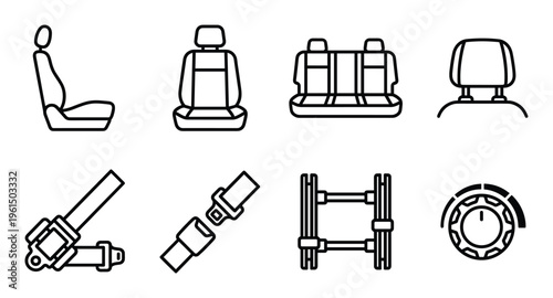 Car seats and safety features vector set isolated on transparent background. Automotive interior