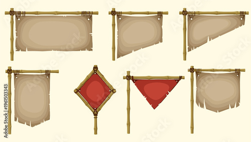 Assortment of various tribal flags and banners hanging from sturdy bamboo poles against a textured light parchment background for game design.