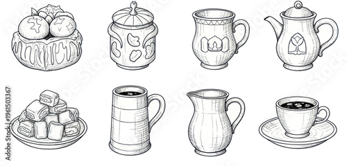 Hand drawn vintage tea set with teapot, cup, jug, sweets, and decorative jar illustrations for culinary and beverage designs