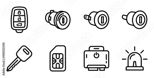 Car remote key and security system components line icon set for automotive locksmith service