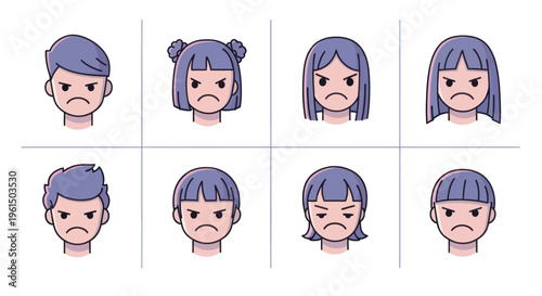 Set of diverse angry avatar faces with various hairstyles and expressions, perfect for social media, gaming profiles, or emoticon design