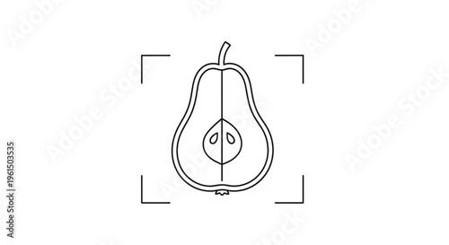Clean line drawing of a pear fruit, halved to reveal its inner seeds, surrounded by camera focus