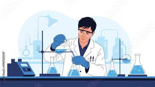 Professional male scientist conducts experiments in a chemistry laboratory using various flasks and chemical solutions while wearing safety gear.