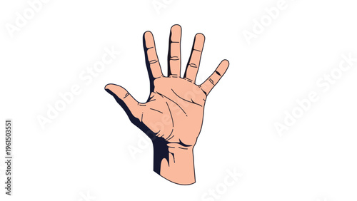 Open human hand with fingers spread wide is illustrated with strong shadows to emphasize the palm and various creases in a simple graphic style.