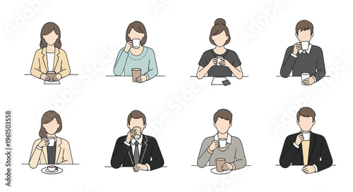 Set of diverse faceless business and casual people drinking coffee or tea at table, socializing and relaxing illustration for office or cafe scenes