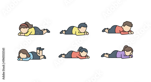 Set of diverse cartoon people lying face down in relaxed or resting positions, vector illustration ideal for relaxation or mindfulness concepts