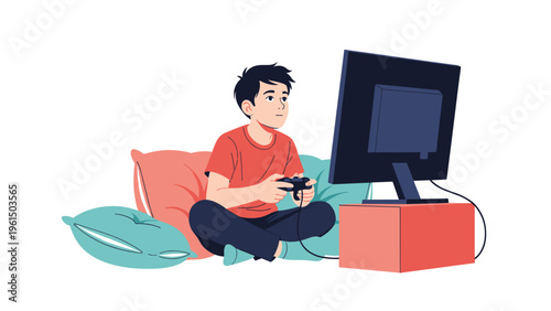 Young boy sits comfortably on colorful pillows while focused on playing an exciting video game on a television screen in his living room at home.