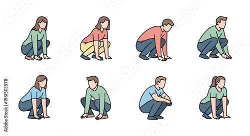 Set of diverse people in different squatting positions, minimalistic line art illustrations perfect for fitness, exercise, health, and stretching content