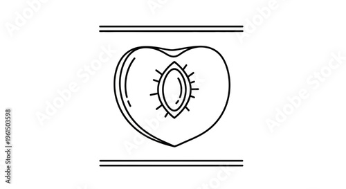 Minimalist line art illustration of a peach cut in half revealing its core pit, a simple fruit icon