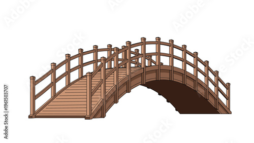 Traditional wooden arched footbridge features a sturdy handrail and plank flooring creating a charming pathway over a river or garden stream.