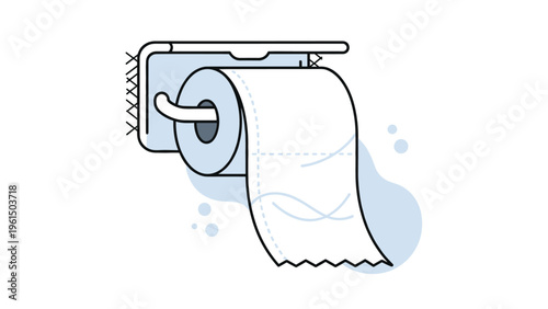 Roll of soft white toilet paper is mounted on a simple wall fixture with subtle blue accents and bubble shapes in the background for design.