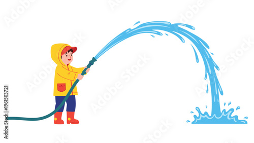 Happy young child wearing a bright yellow raincoat and red boots enjoys playing outdoors while spraying a stream of water from a garden hose.