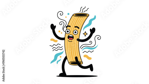 Energetic cartoon character shaped like a piece of rigatoni pasta runs happily with its arms raised surrounded by steam and abstract shapes.